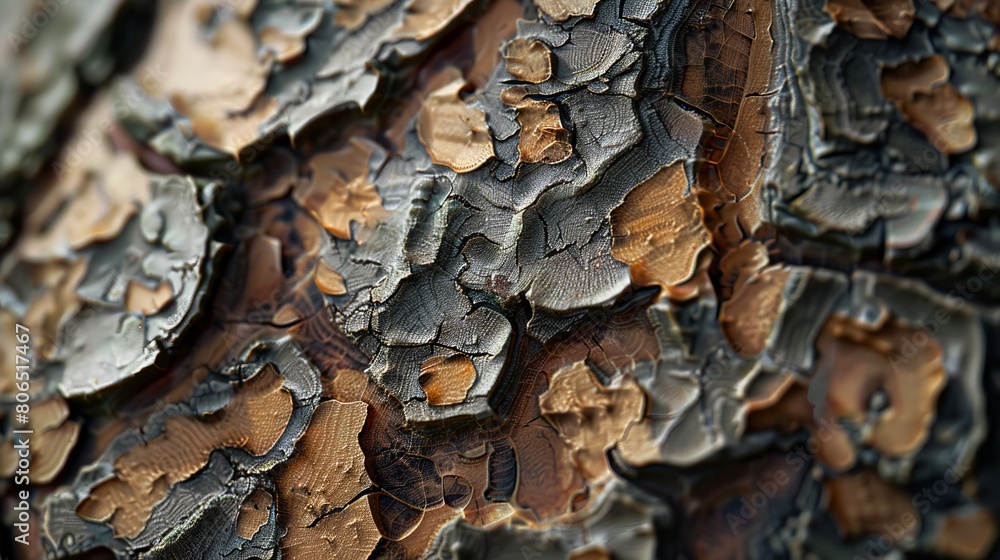 A close up of a tree with peeling bark.