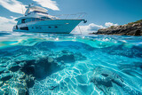 Underwater view of luxury yacht and coral reef at Seychelles, Generative Ai