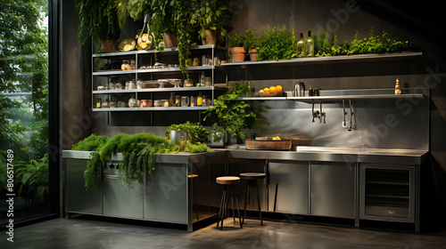 Industrial loft kitchen with stainless steel appliances, concrete countertops, and a herb garden wall,