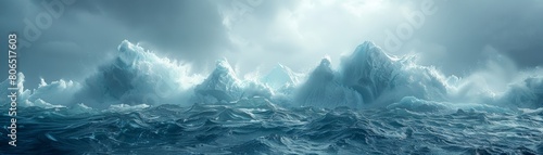 A powerful depiction of dark, stormy ocean waves clashing against massive, snow-covered icebergs in a dramatic digital artwork.