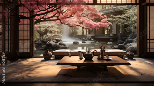 Japanese tea house with tatami mats, sliding shoji doors, and a view of a cherry blossom garden,