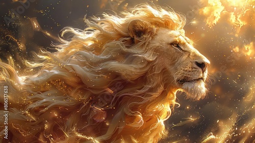 A majestic lion with a golden flowing mane stands tall on a rocky outcrop, surveying the vast savanna before him