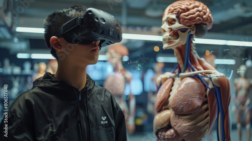 Wallpaper Mural A student wearing a VR headset, exploring the human body in 3D, organs floating in front of them in a virtual biology class. Torontodigital.ca