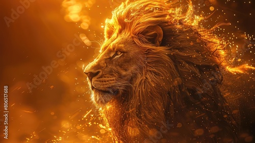 Enhance the impressiveness of this picture of a lion so that it looks like a movie poster. Make the lion appear more majestic, and add a fiery glow around its mane.