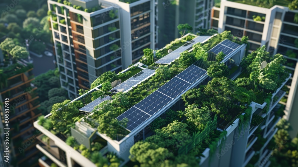 A residential rooftop adorned with solar panels, surrounded by lush greenery, blending technology with nature. A residential rooftop adorned with solar panels, surrounded by lush greenery, blending technology with nature.