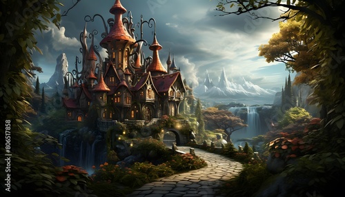 Panoramic view of a beautiful fantasy castle in the forest.