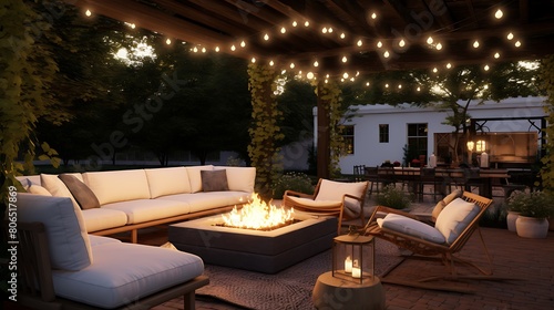 A tranquil outdoor patio with comfortable seating  a fire pit  and string lights overhead
