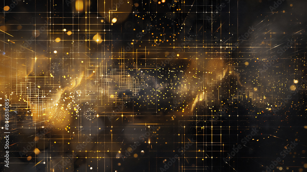 Abstract grid digital art illustration, lines of gold and black flashes of light.