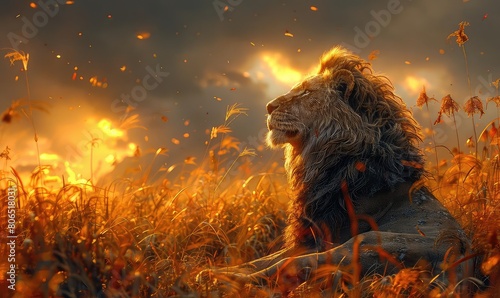 A male lion sits in a tall golden field of grass, watching the sunset photo