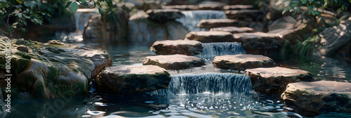 Exploring Nature Detailed Illustration of Stepping Stones Above Waterfall