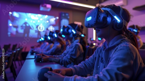 Wallpaper Mural A classroom filled with students experiencing VR field trips, exploring ancient ruins and natural wonders from their desks. Torontodigital.ca