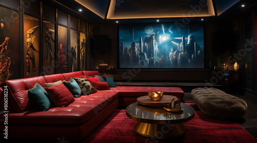 Luxurious cinema room with tiered seating, a popcorn machine, and vintage film posters, photo