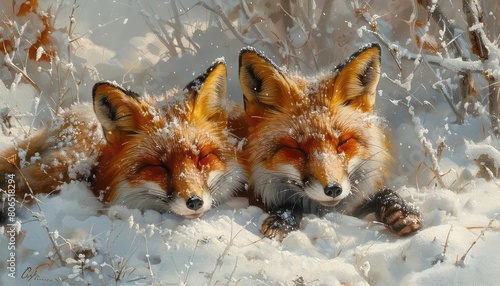 Two red foxes sleeping in the snow. The foxes are curled up together with their tails wrapped around them. The snow is falling softly and the foxes look peaceful and content. © NeeArtwork