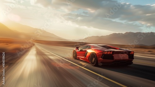 A sleek sports car zooming across a desert highway, mirage shimmering in the distance.