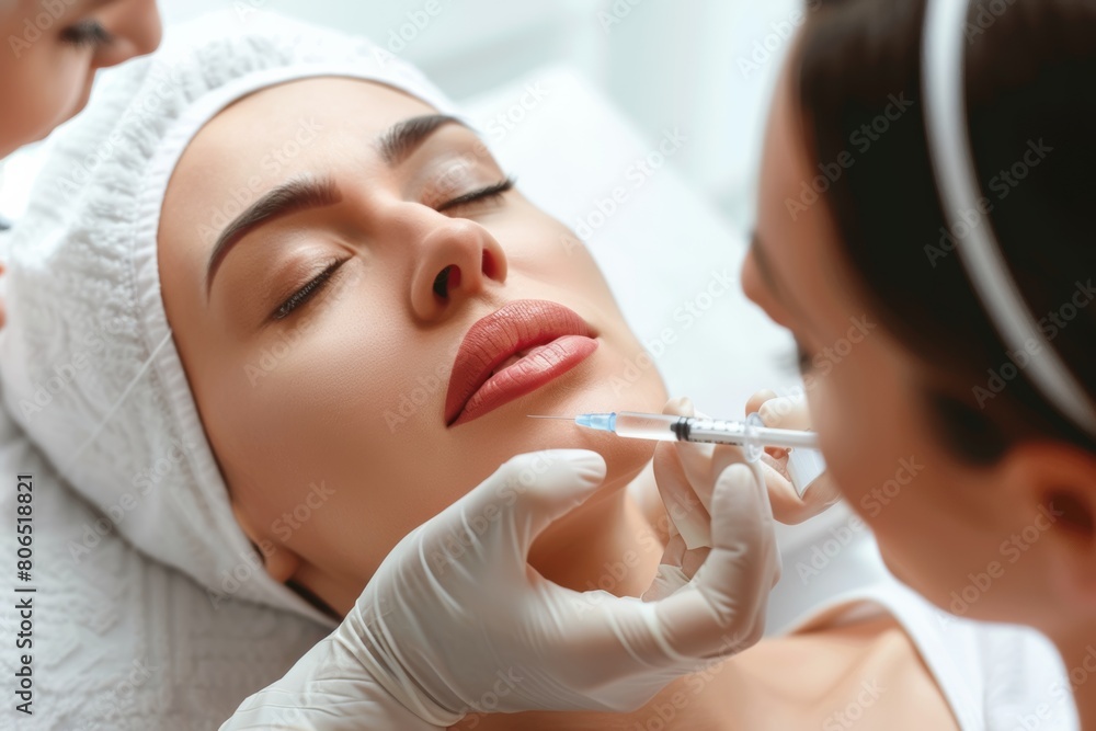 Woman undergoing a Botox lip augmentation procedure at a medical spa, looking relaxed and confident.