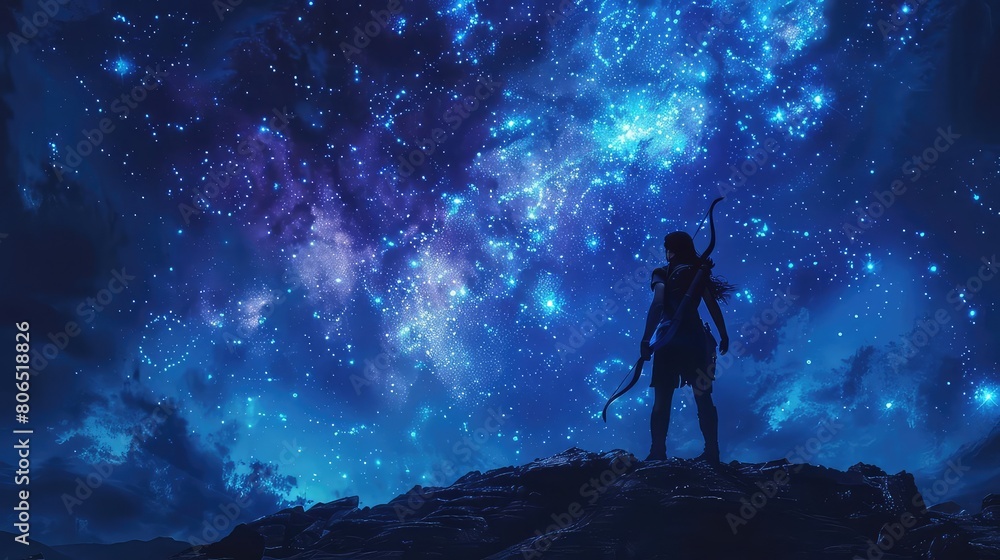 Fototapeta premium A young woman stands on a cliff, looking up at the starry night sky. She is filled with wonder and awe at the beauty of the universe.