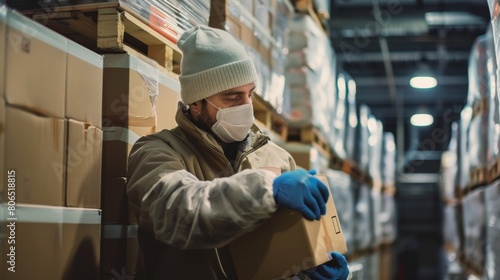 Worker wearing protective gear stacking boxes of frozen meat in a cold storage room, organizing inventory for distribution.