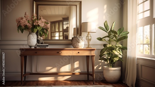 A welcoming entryway with a stylish console table  mirror  and decorative accents