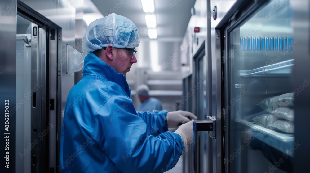 Technician maintaining refrigeration equipment in a meat freezing room, ensuring consistent cold temperatures for meat storage. Technician maintaining refrigeration equipment in a meat freezing room, ensuring consistent cold temperatures for meat storage.