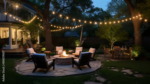 Manicured grassy backyard with fire pit and string lights, photo