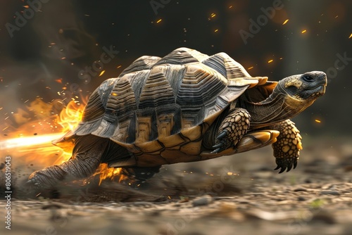 Ingenious tortoise moving fast aided by rocket propulsion vehicle. photo