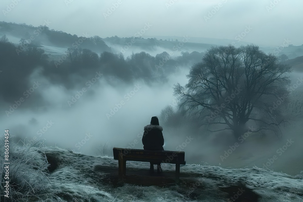 A lone figure sits on a bench in the middle of a foggy landscape A lone figure sits on a bench in the middle of a foggy landscape