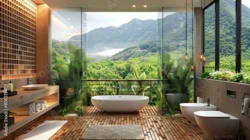 Luxury bathroom interior with nature mountain view