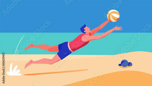 Sand flying up from the perfectly timed dive of a beach volleyball player as they lunged to save an incoming spike.. Vector illustration