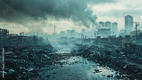 Large cityscape heavily polluted with trash and smoke, reflecting environmental degradation and public health risks photo