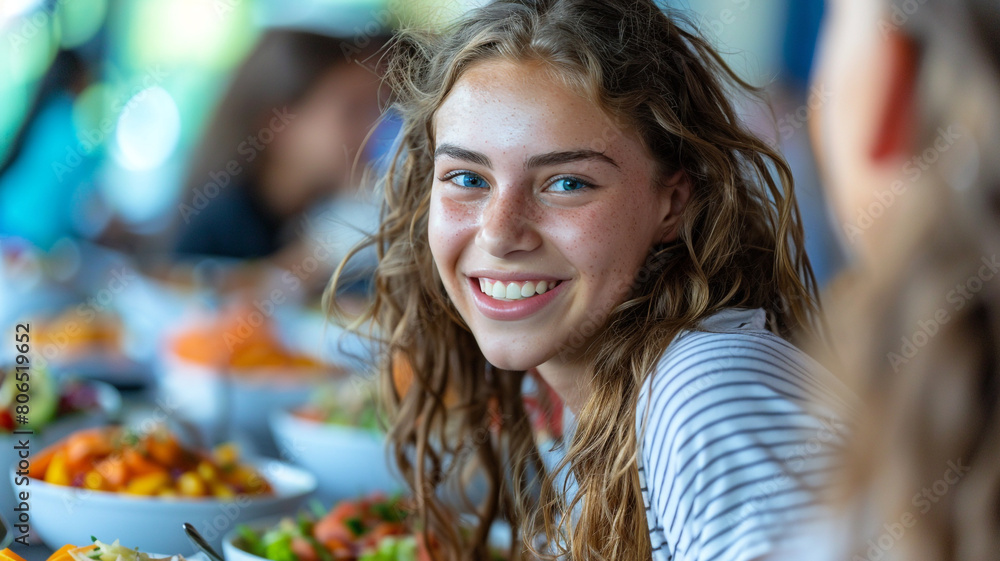Cheerful happy cute funny students kids eat in school cafeteria, dining room, canteen, childhood boy and girl education fruits and vegetables. Cheerful happy cute funny students kids eat in school cafeteria, dining room, canteen, childhood boy and girl education fruits and vegetables.