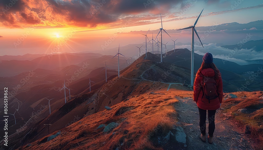 Obraz premium A young woman standing on a hilltop overlooking a wind farm