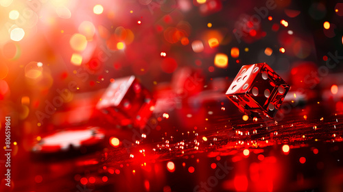 A red background with dice falling down.