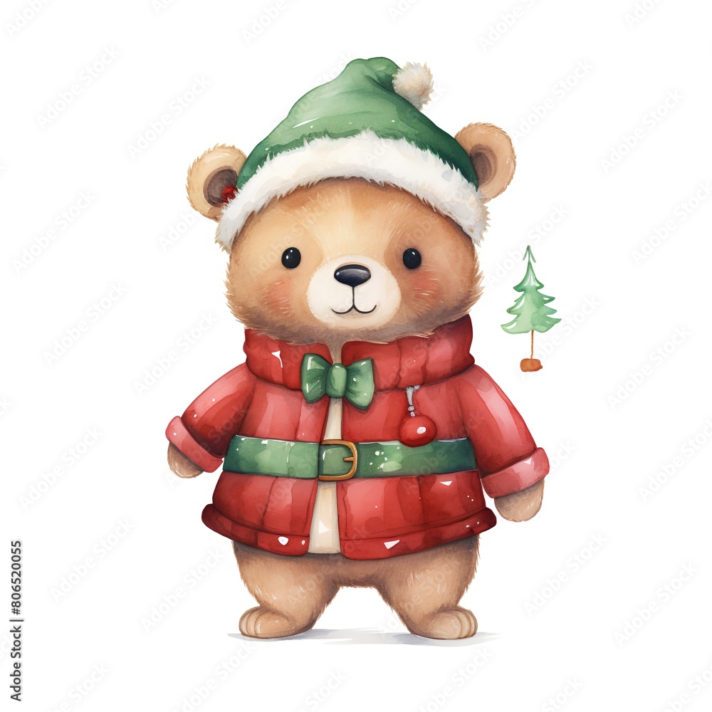 Cute cartoon teddy bear in Santa Claus clothes. Watercolor illustration Cute cartoon teddy bear in Santa Claus clothes. Watercolor illustration