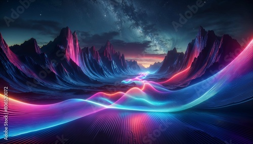 Futuristic landscape with neon light flow and cosmic sky