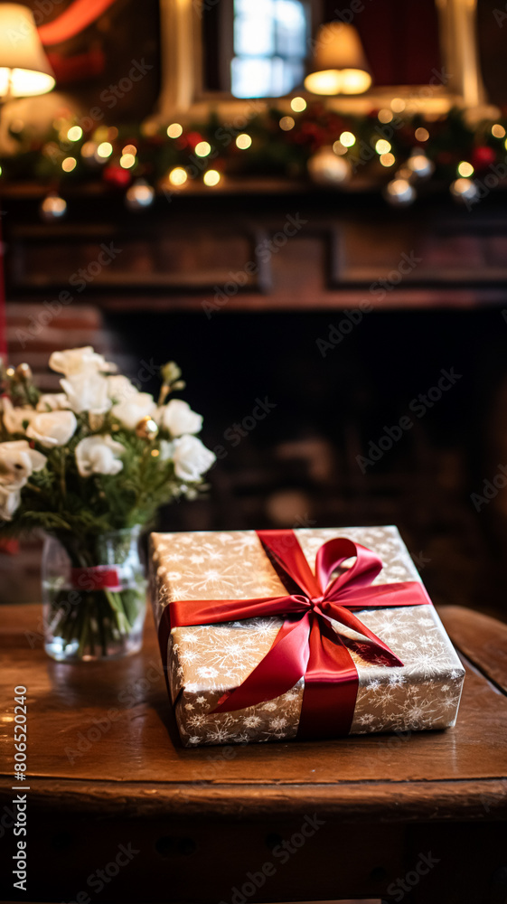 Christmas gift box near cosy fireplace in the English country cottage, winter holidays, boxing day celebration and holiday shopping inspiration Christmas gift box near cosy fireplace in the English country cottage, winter holidays, boxing day celebration and holiday shopping inspiration