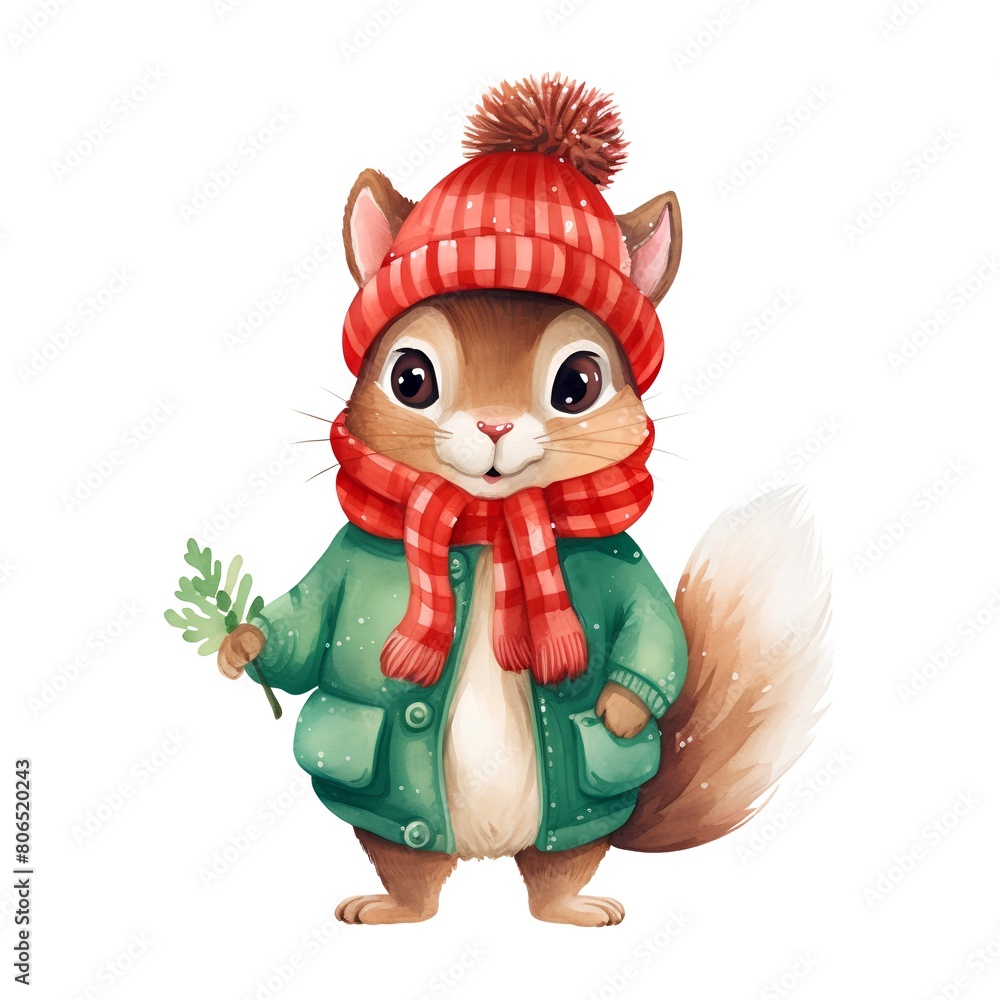 Obraz premium Cute cartoon squirrel in winter clothes. Watercolor illustration on white background.