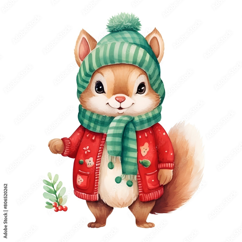 Obraz premium Cute squirrel in winter clothes. Watercolor illustration on white background.