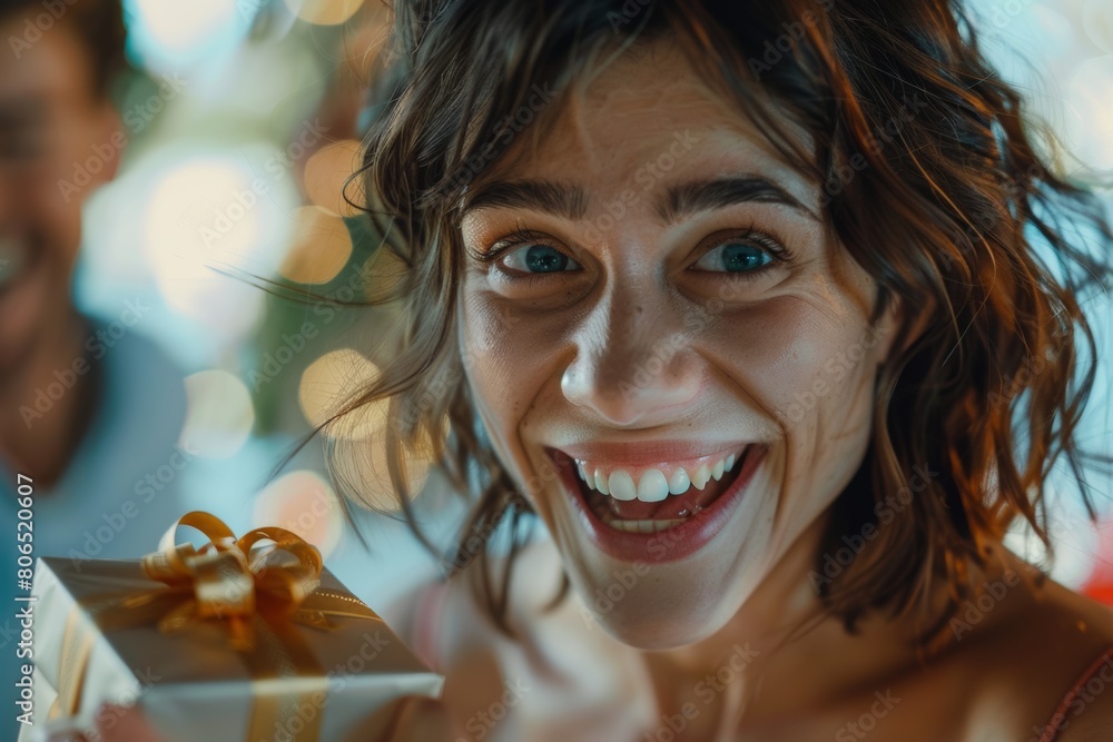 Close-up of a woman's ecstatic expression as she receives a surprise gift at a celebratory occasion. Close-up of a woman's ecstatic expression as she receives a surprise gift at a celebratory occasion.