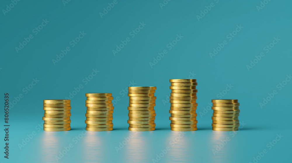 gold coin columns placed in a row over a blue plain background, business or economy growth analysis graph with coins, business finance stack of coins, cash flow in economy, investment growth gold coin columns placed in a row over a blue plain background, business or economy growth analysis graph with coins, business finance stack of coins, cash flow in economy, investment growth