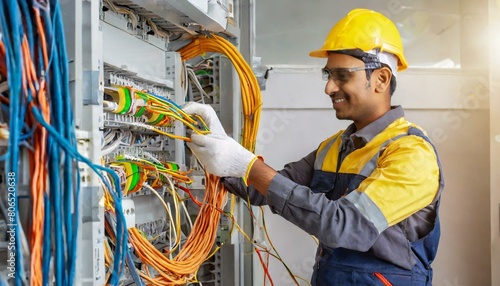 Professional electrician man works in a switchboard with an electrical connecting cable, Electrician repairing