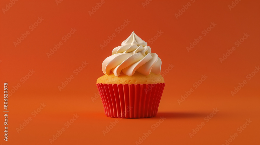 This 3D render features a delectable cupcake, meticulously crafted with intricate details and vibrant colors, isolated against a bold orange background. The cupcake is delicately frosted with swirls This 3D render features a delectable cupcake, meticulously crafted with intricate details and vibrant colors, isolated against a bold orange background. The cupcake is delicately frosted with swirls