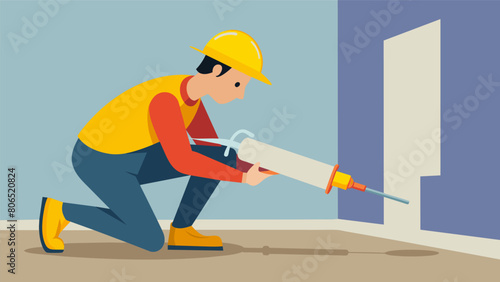 A worker using a caulking gun to seal any gaps or cracks in the foundation preventing water from seeping in.. Vector illustration