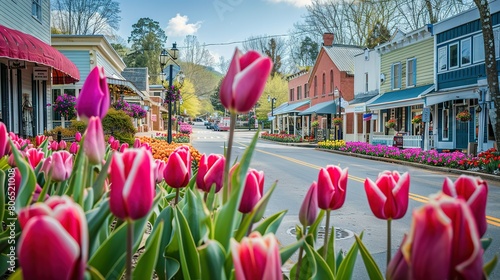 Fototapeta Naklejka Na Ścianę i Meble -  Beautiful streets in old American small town on sunny spring day. Landscaping design with colorful tulips in small city. The day before Easter in Hendersonville, North Carolina