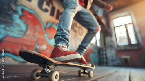 A skateboarder in action on a skateboard.