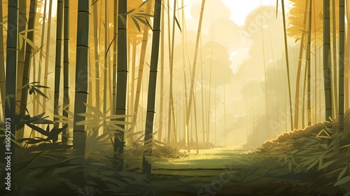 Bamboo forest at sunrise. Panoramic view of bamboo forest with sunlight.
