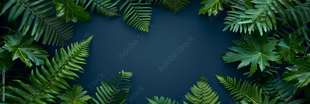 a frame made of fern leaves, with the center left blank for text or product display, surrounded by lush green foliage, generative AI
