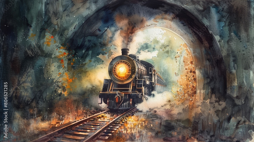 Naklejka premium Gentle watercolor of a steam train emerging from a tunnel, the headlight piercing the night and illuminating the track ahead