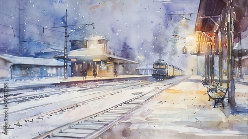 Gentle watercolor of a quiet, snowy railroad station with a diesel train parked, the tranquil scene illuminated by soft station lighting