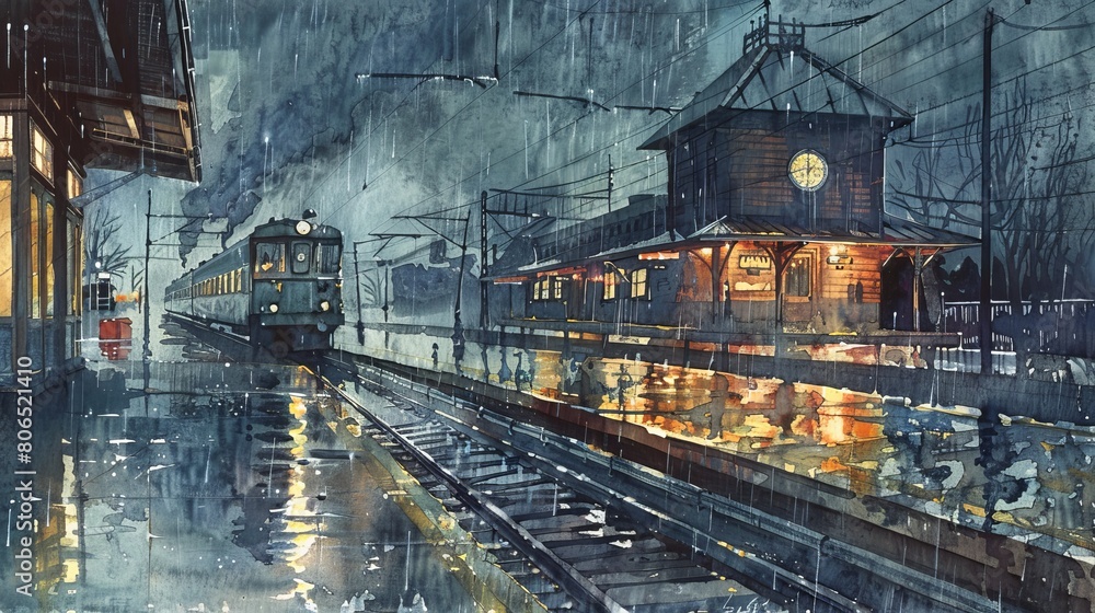 Artistic watercolor depicting a rainy railroad station with a diesel train in the background, the rain creating reflective surfaces and a moody atmosphere Artistic watercolor depicting a rainy railroad station with a diesel train in the background, the rain creating reflective surfaces and a moody atmosphere