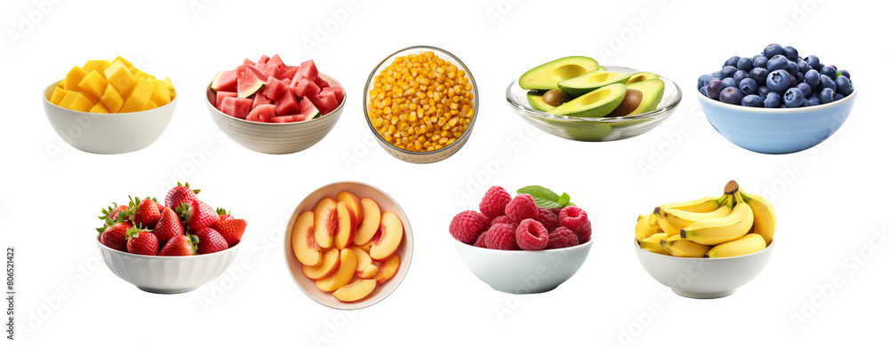 Set of fresh ripe fruits in bowl isolated on transparent background,with mango,blueberry,strawberry,watermelon,sweet corn,avocado,banana,peach and raspberry for healthy food concept. Set of fresh ripe fruits in bowl isolated on transparent background,with mango,blueberry,strawberry,watermelon,sweet corn,avocado,banana,peach and raspberry for healthy food concept.
